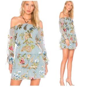 Alice + Olivia Waylon Icy Aqua Dress Size 8 Off Shoulder Fairy Floral Burnout